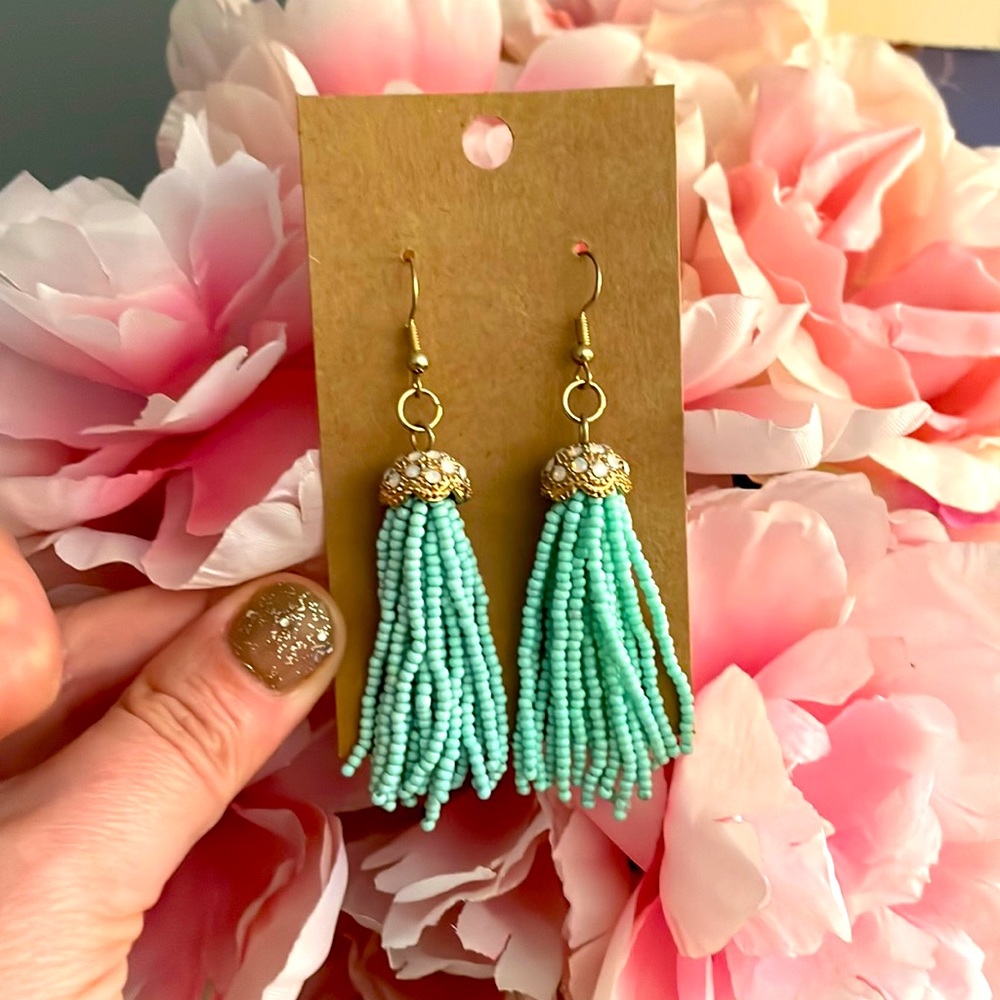 Handmade turquoise gold drop bead earrings